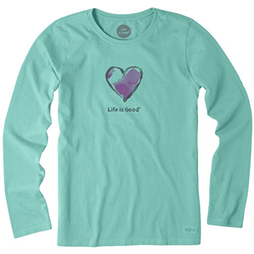 Life is good Women's Long-Sleeve Crusher Watercolor Heart T-Shirt (Teal Blue)