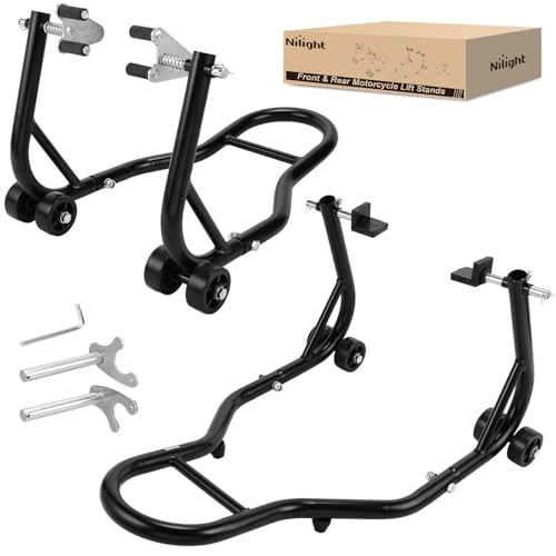 Image of Nilight Universal 850lbs Motorcycle Front Rear Combo Stand | Front Wheel Fork Stand Rear U+L Fork Swingarm Spool Stand for Most Yamaha Honda Kawasaki Suzuki