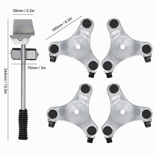 Kit de Déménagement et Levage de Meubles 4 Curseurs Roulettes à 3 Roues Plaque Mobile en Argent pour Objets Lourds Portant 400KG
