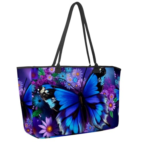 Large Beach Bag for Women, Blue Butterfly Daisy Flowers Painting Travel Tote with Pockets Waterproof Shoulder Handbag
