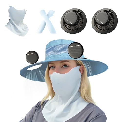 Solar Fan Hat for Women Sun Hats with 2 Fan Built in Cooling Sunhats Solar Powered for Summer Beach Fishing Outdoor Camping Ladies with Face Masks and Arm Sleeves (Blue)