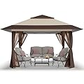 CROWN SHADES 11x11 Pop Up Gazebo, Patented One Push Outoor Canopy Tent with Wheeled STO-N-Go Cover Bag, Pop Up Canopy with Netting for Patio, Backyard (11x11, Beige & Coffee)
