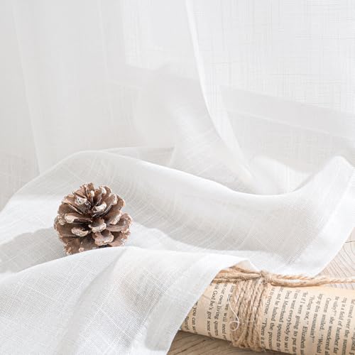 Image of BGment White Linen Curtains 102 Inches Long for Living Room, Semi Sheer Window Drapes Lightweight Rustic Country Textured for Farmhouse Bedroom Decor with Rod Pocket, 2 Panels Set, Each 52 Inch Wide