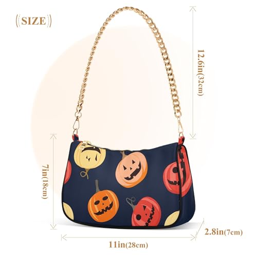 Halloween Spooky Jack Lantern Pumpkins Medium Handbag Tote Womens Shoulder Handbag Aesthetic Retro Formal Purse Hobo Zipper Closure Chain Strap3