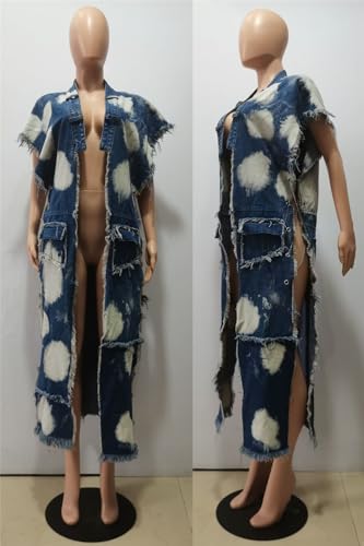 Recious Womens Sexy Batwing Sleeve Ripped Out Distressed Washed Metal Chain Long Vest Denim Jacket Trench Coat4