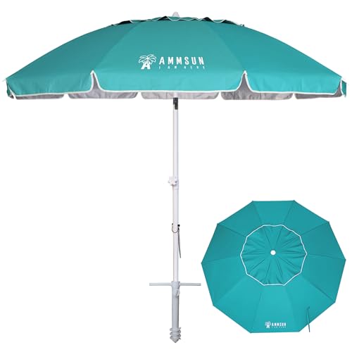 AMMSUN 8 Feet Large Beach Umbrella with Sand Anchor Heavy Duty High Wind Portable Outdoor Umbrellas UV 50+ Protection Air Vent Tilt Patio Garden Pool Teal