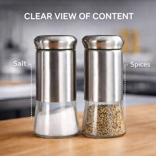 Image of Stainless Steel Salt and Pepper Shaker Set by ENHANCIO, Pack of 2 | Moisture-Proof Lids, Clear Glass Bottom, Easy Refill Spice Dispensers for Kitchen, Dining Table and Professional Chefs