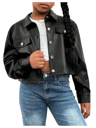 Girl's PU Leather Cropped Jacket Button Down Long Sleeve Outerwear Streetwear