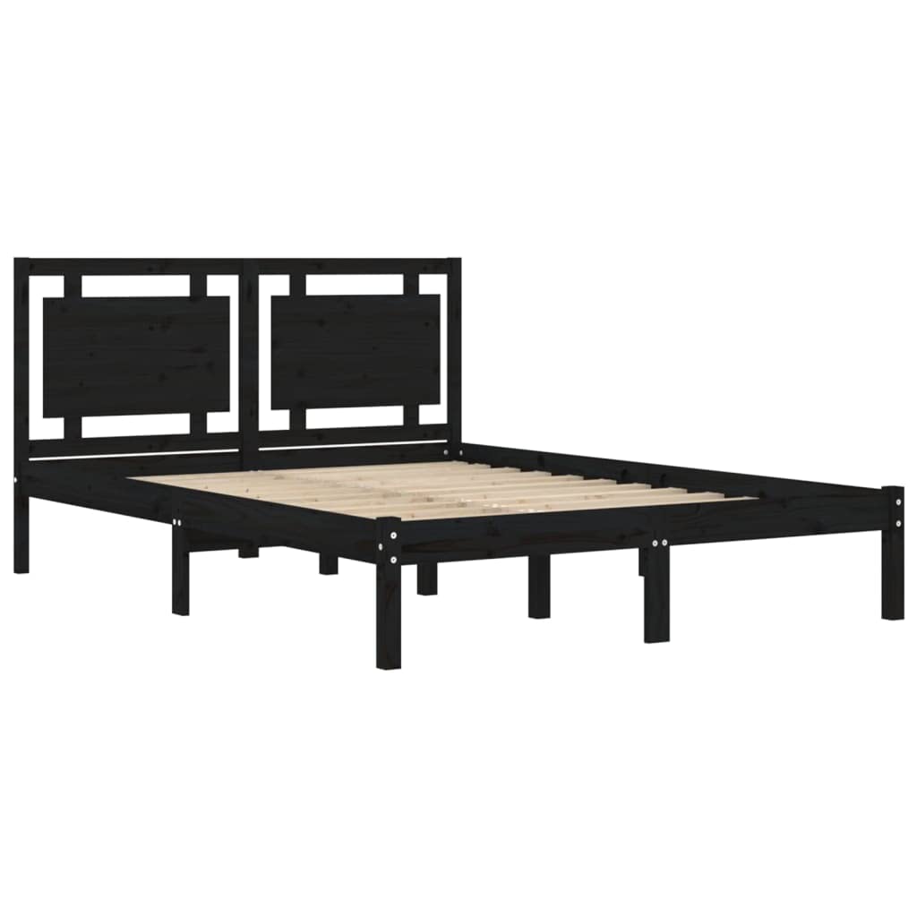 Lite drewno sosnowe klasyczny design klasyczna rama czarny 200x200 cm | Rama łóżka czarna lite drewno sosnowe 200x200 cm z wezgłowiem listwy ze sklejki