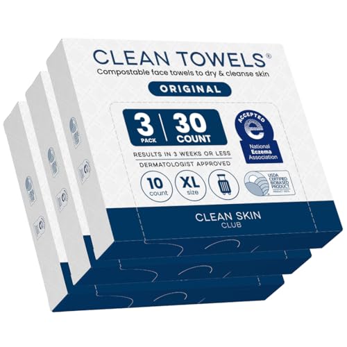 Clean Skin Club Clean Towels XL Travel Pack 100% USDA Biobased Disposable Face Towel Eczema Association Accepted Dry Wipes TSA-Approved Travel Essential 3 Packs 30 ct Total