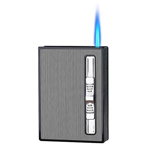Malisseladi Cigarette Case with Built-in Lighter Windproof Refillable Butane Jet Torch Lighter Automatic Ejection Cigarette Case Dispenser Box Holder (Black) Cover