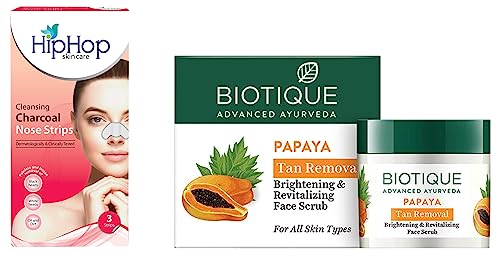 Image of HipHop Skincare Charcoal Nose Strips for Women - Blackhead Remover (3 Strips) and Biotique Bio Papaya Revitalizing Tan Removal Scrub for All Skin Types, 75g