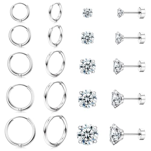 Diamday 10 Paar 20G Ohrstecker Ohrringe Set für Damen Herren Edelstahl Knorpel Creolen Ohrringe Zirkonia Klein Ohrstecker Set Helix Hypoallergen für Mehrfachpiercing Silber Cover