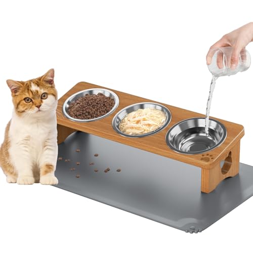 Solid Wood Elevated Cat Bowls with Silicone Food Mat