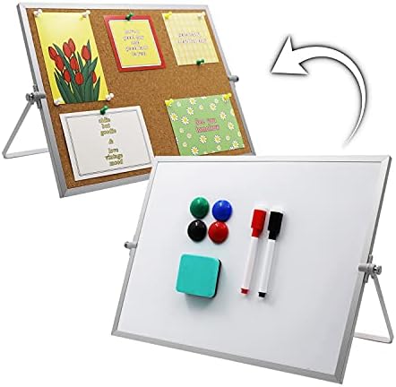 SHOOFFICE Combo Dry Erase Board & Cork Board, 16" x 12" Double Sided Combo Magnetic White Board and Corkboard with Stand, Aluminum Frame Combo Board Message Board Suitable for Office Home School