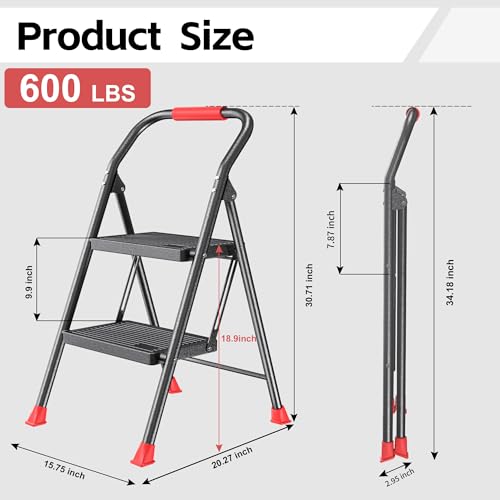 Step Ladder Foldable Folding Stool - for Home Adults Kitchen 2 Stepping Extension Tall Heavy Duty with Handrails - Closet Stepstool Stair Ladders Extendable Stepladder for Indoor House 600Lbs - Image 7