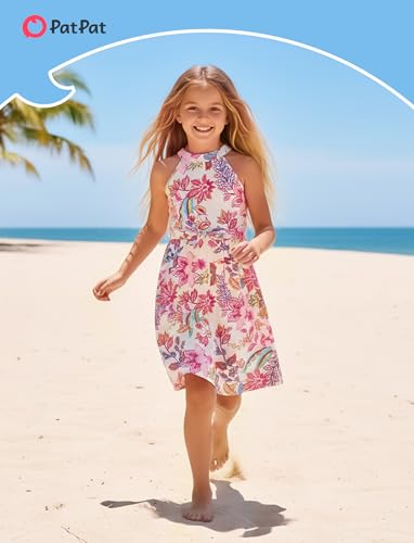 Image of PATPAT Family Hawaiian Matching Outfits - Mommy and Me Vacation Outfits | Halter Sundresses and Button Down Shirts,Caribbean Vacation Summer Tropical Outfits,Hawaiian Boho Tropical Floral Printed