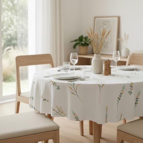 Image of HOMEMONDE 100% Cotton Premium Dining Round Table Cover, 45 x 45 Inches Floral Printed Table Cloth 4 Seater, Round Table Cover - (114 x 114 CM, Leafscape - Yellow & Green)