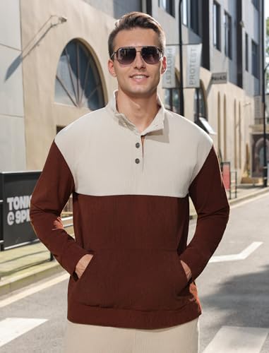 APTRO Men's Corduroy Sweatshirt Long Sleeve Pullover Sweaters with Kangaroo Pocket, Soft Mock Neck, 1/4 Button Casual Top2