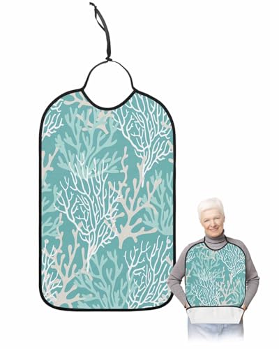 LEOKOTI Teal Coral Coastal Adult Bibs for Eating, Waterproof Bibs with Food Catcher & Adjustable Snap Closure, Ocean Nautical Seaside Beach Washable Clothing Protectors Adult Bibs for Elderly