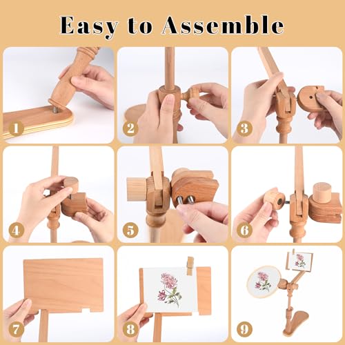Image of GeryVtee Embroidery Hoop Stand 360Adjustable Sitting Cross Stitch Stand Easy to Use Wooden Embroidery Hoop Holder with 4 Pcs Embroidery Hoops Rotated for Embroidery Projects