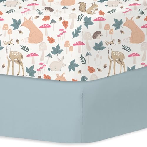 Image of Little Grape Land Crib Sheets 2 Pack, Microfiber Fitted Crib Sheet for Standard Crib Mattress 52 inchx28 inchx8 inch, Soft and Neutral Baby Crib Sheets for Boys and Girls, Breathable & Easy Care, Woodland Fawn