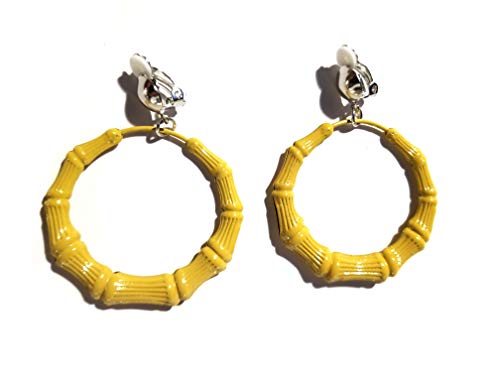 Clip-On Earrings Bamboo Hoop Earrings Assorted Colors 3 Inch (Yellow) #TOP3