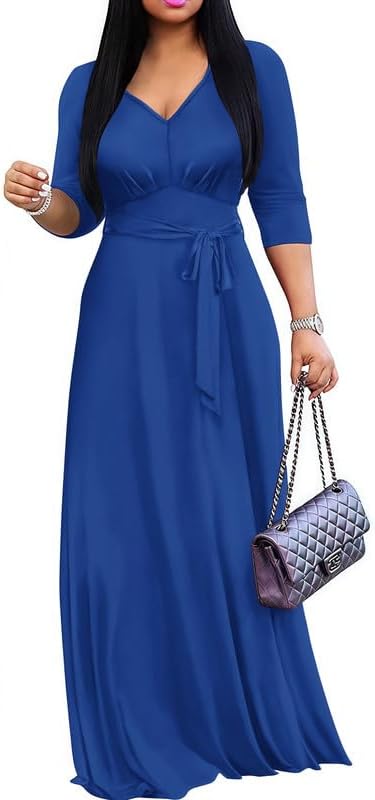 MarryUP Maxi Dress for Women 3/4 Sleeves V-Neck Semi Formal Church Long Casual Dresses with Pockets