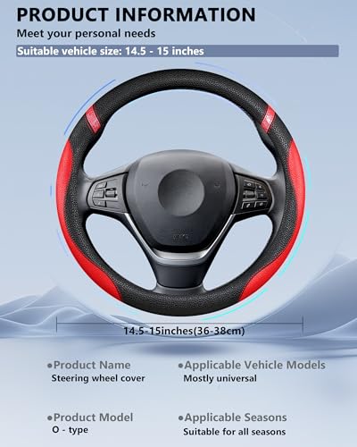 Image of Steering Wheel Cover for Women Leather Universal Steering Wheel Cover for Car 15 inch (Red)