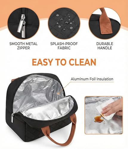 Image of SaleOn 7.5 LTR Thermal Insulated Lunch Bag for Women & Girls | Stylish Tiffin Bag | Big Size Food Carrier Tote for Office, College, School | Black Travel Lunch Box Pouch with Handle (Black)