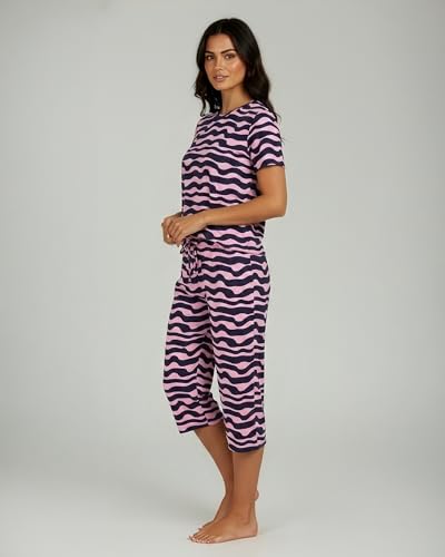 Image of Real Essentials 2 Pack: Womens Pajamas Short Sleeve Sleepwear Tops and Capri Pants Pjs Print Pajama Sets (Available In Plus)