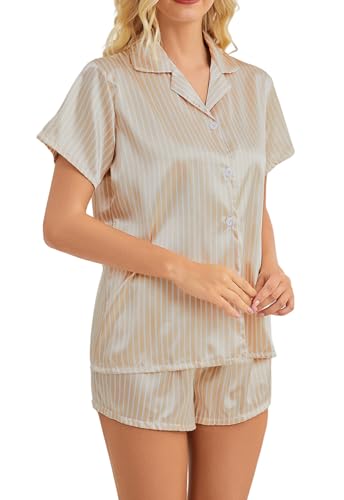 Image of Satin Pajamas for Women, Notch Neck PJ Adjustable Drawstring Shorts