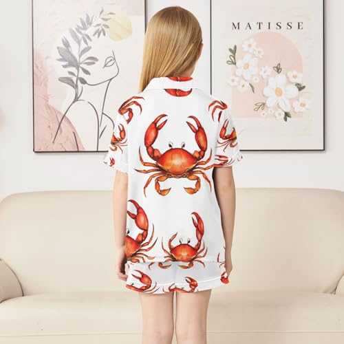 Satin Pajama Sets Short Sleeve Crab Pattern Print Design Button Down Silky Nightwear 2 Piece PJS 5-14Y4