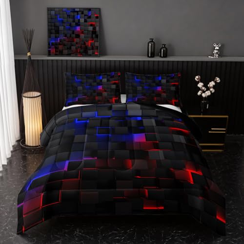 Image of Nttopship Neon Blue and Red Black Comforter Set Full Geometric Kids Bedding Set,3 PCS Geometry Honeycomb Modern Room Decor Quilt Set 1 Comforter 2 Pillow Cases All Season B-Side Black