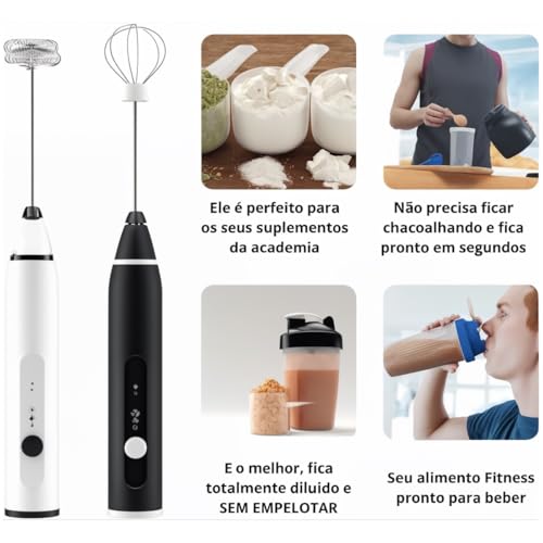 Misturador Bebidas Ovos Mini Mixer Multiuso Fuê Portátil Elétrico Recarregável Haste em Inox Batedor