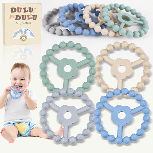 Image of duludulu 4 Pack Silicone Baby Teething Toys, Teething Rings for Babies 0-6 6-12 Months Newborn Baby Teethers Boy Relief Soothe Baby's Gums Infant Toys Gifts Baby Boys Girls Blue Green