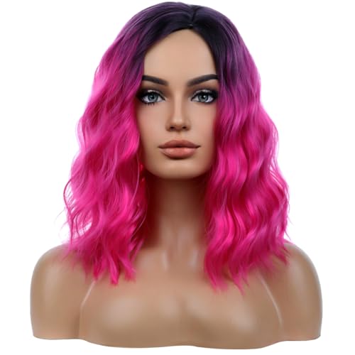 Image of BERON Hot Pink Short Wigs Curly Bob Wig Ombre Color Wavy Hair Wigs Side Part Women's Synthetic Wigs Daily Party Use