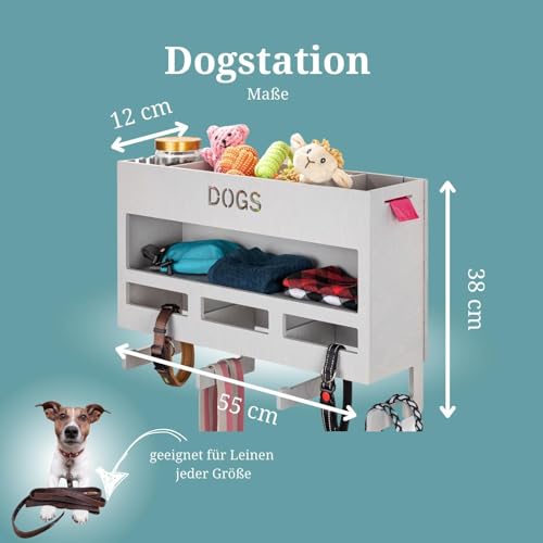 INEXTERIOR Hundegarderobe XXL - aus Holz - Handgefertigt in Deutschland - Mit großer Ablage und Kotbeutelspender - Garderobe für Hundeleinen (Grau)