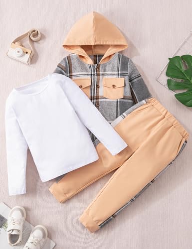 Image of Toddler Boy Clothes Plaid Hooded Shirt White T-shirt Top and Solid Color Pants 3Pcs Winter Boys Clothes