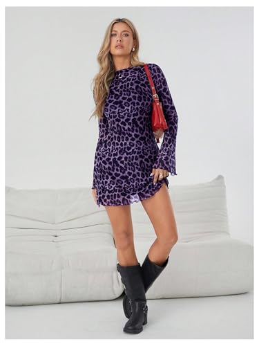 Image of Milumia Women's Leopard Print Mini Dress Y2k Bell Long Sleeve Cheetah Short Dresses Going Out Party Clubbing Outfits