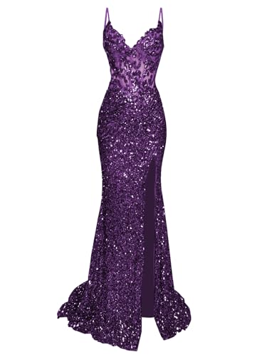 HANVAIOS Sequin Prom Dress Plum Spaghetti Strap Sleeveless V Neck Mermaid Ball Gown with Slit Size...
