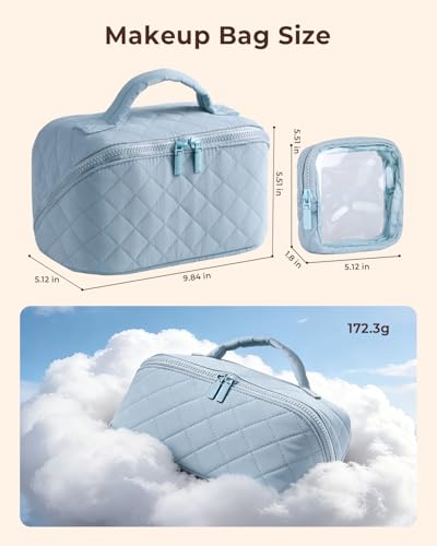 Image of Batfield Makeup Pouch Bag for Women, 2Pcs Waterproof Puffer Set with 180 Flat Open, Travel Large Capacity Makeup Bag for Women with Brush Compartment & Handle for Vacation, Business Trip (Blue)