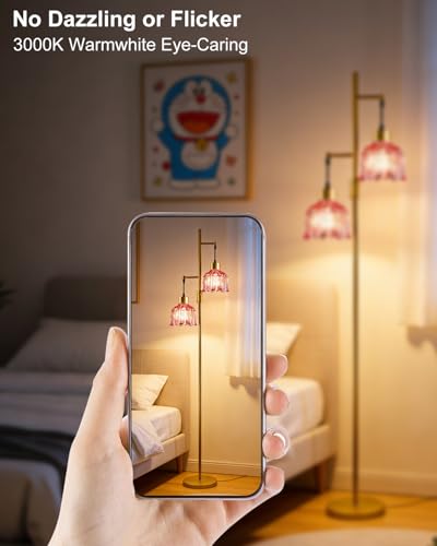 Image of 2-Light Modern Glass Floor Lamp, Gold Tall Standing Lamp with Deep Red Flower Glass Shade for Reading, Dimmable LED Floor Lamp with 5Lbs Heavy Base for Living Room Bedroom Home Decor, Bulb Included