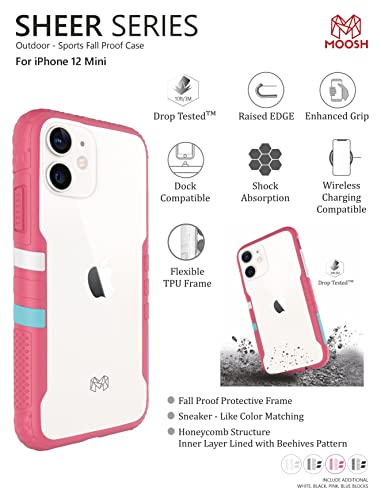 Image of MOOSH Commuter Series for iPhone 12 Mini Case Clear Back 10FT Drop Tested Scratch-Resistant Raised Edges Replaceable Colour Blocks Shock Absorption Apple iPhone 12 Mini Case 5.4 inch (Pink)