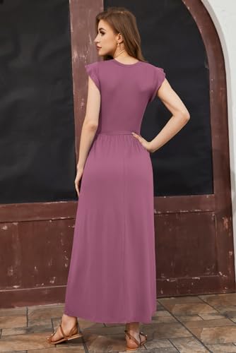 AUSELILY Damen Sommer Kurzarm Rundhalsausschnitt Maxikleid Lässiges Langes Kleid mit TaschenKleid Hochzeitsgast(Mauve,S) 4