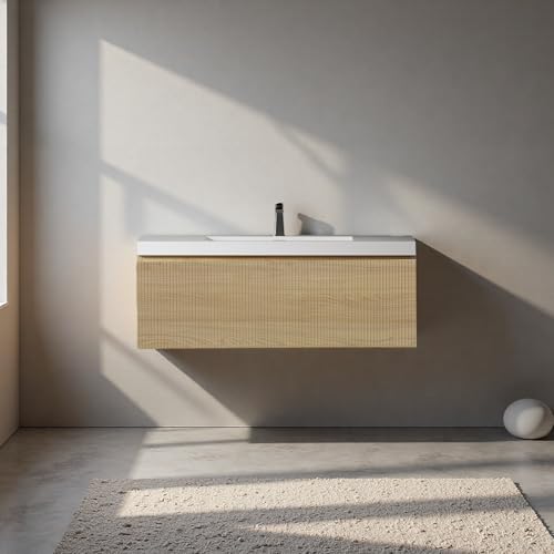 Image of 42'' Floating Bathroom Vanity with Sink, Wall-Mounted Bathroom Storage Cabinet with Soft-Close Striped Drawer & Solid Surface Basin, Modern Natural Oak Body with Internal Handle, Wood