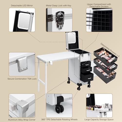 Image of Portable Manicure Table with 3 Drawers, Rolling Foldable Nail Desk with Detachable Mirror, Professional Makeup Train Case with Wheels and TSA Lock for Nail Techs & Salon Use