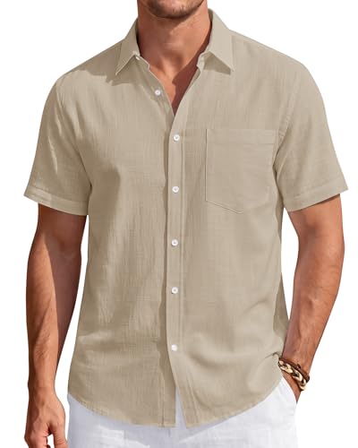 Image of J.VER Mens Linen Shirt Short Sleeve Button Down Casual Summer Shirts | Cotton Linen, Untucked, Big Tall, from Beach Camp Vacation, Cruise Fishing, Work Office, to Wedding Party Family, with Pocket
