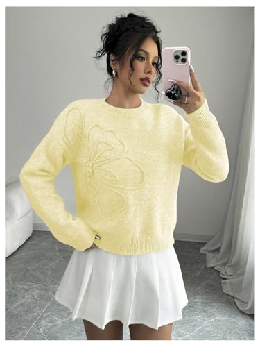 Image of Verdusa Women's Spring 3D Flower Appliques Crewneck Sweaters Long Sleeve Drop Shoulder Pullovers Knit Going Out Tops