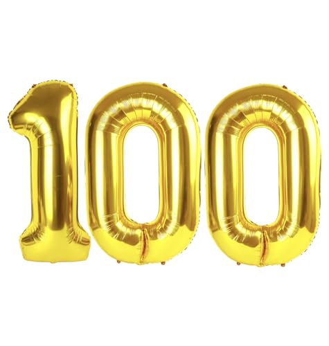 Image of Gold Number 100 Balloon 40 inch, 100 Number Balloons, 100th Gold Birthday Decorations, 100 Year Old Women Men Golden Party Supplies